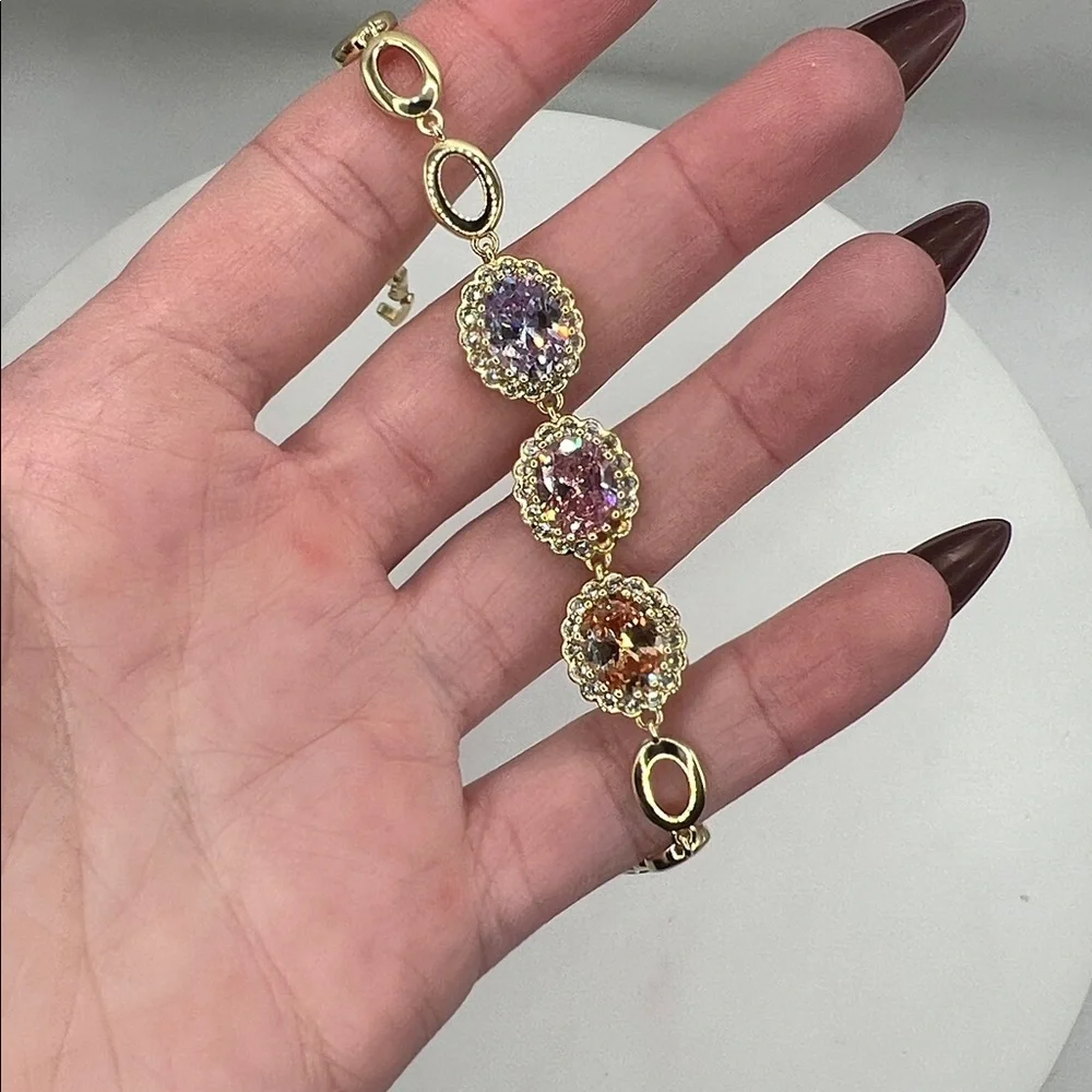 09. 14k Gold Plated over Stainless Steel Bracelet with Multicolor Stones 7 1/2”